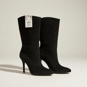 NWT Zara Black Suede Sock Boots Pointed Toe Stiletto Heel 4” Mid Calf EU 40/US 9